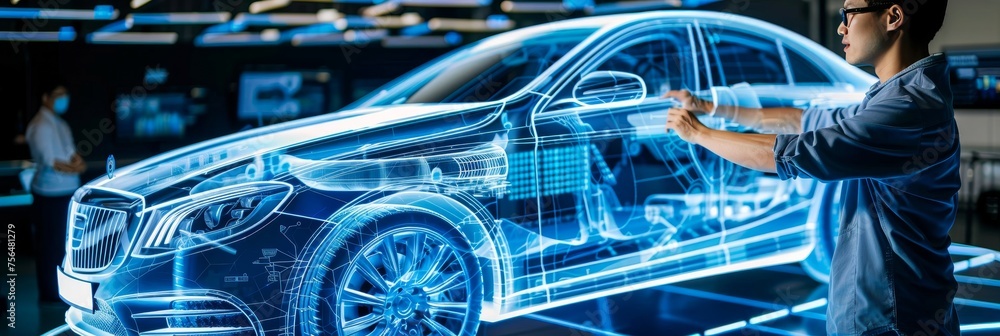 Aufkleber automotive engineer using ai system to design smart electric car on hologram with copy space