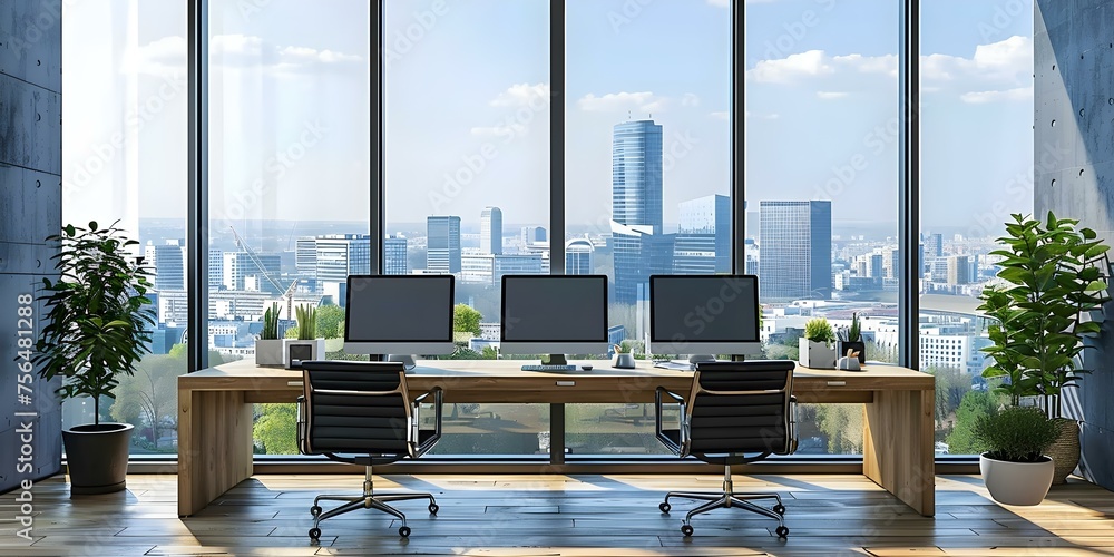 Poster modern office setup with desktop pcs and large scenic window view . concept office setup, desktop pc
