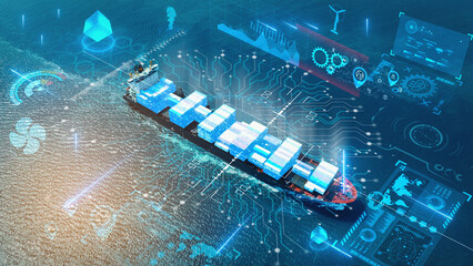 AI technology. Global Logistics international delivery concept, World map logistic and supply chain network distribution container Ship running for export import to customs cean concept technology - obrazy, fototapety, plakaty