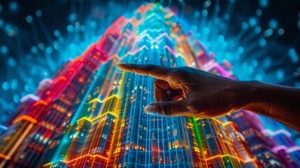 Hand pointing at modern commercial building hologram on futuristic hud background