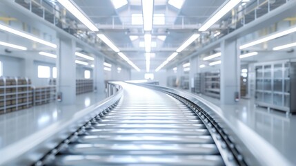Fototapeta premium Modern automated factory floor with busy conveyor belt and bright lighting