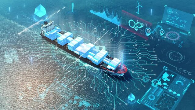 AI technology. Global Logistics international delivery concept, World map logistic and supply chain network distribution container Ship running for export import to customs cean concept technology