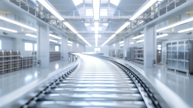 Modern automated factory floor with busy conveyor belt and bright lighting