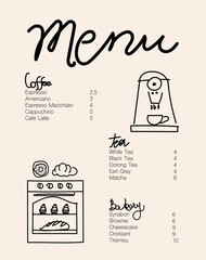 Cafe brochure vector, coffee shop menu design. Restaurant menu design.Hand-drawn coffee beans, coffee machine, cup, coffee to go, bakery and desserts vector illustration. 