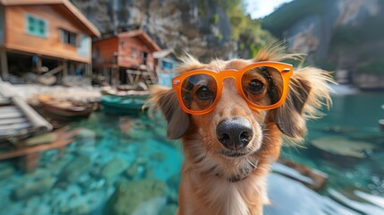  A curious dog with soulful eyes wears orange sunglasses, posing for a selfie in front of a serene waterside village with crystal clear water and colorful boats.