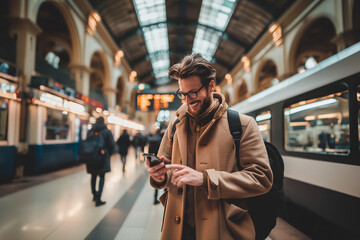 man at a train station looking at his smartphone, man smiling and texting and waiting at a station