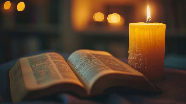close-up of an open book with a candle next to it, symbolizing study, prayer, and the quest for spiritual knowledge