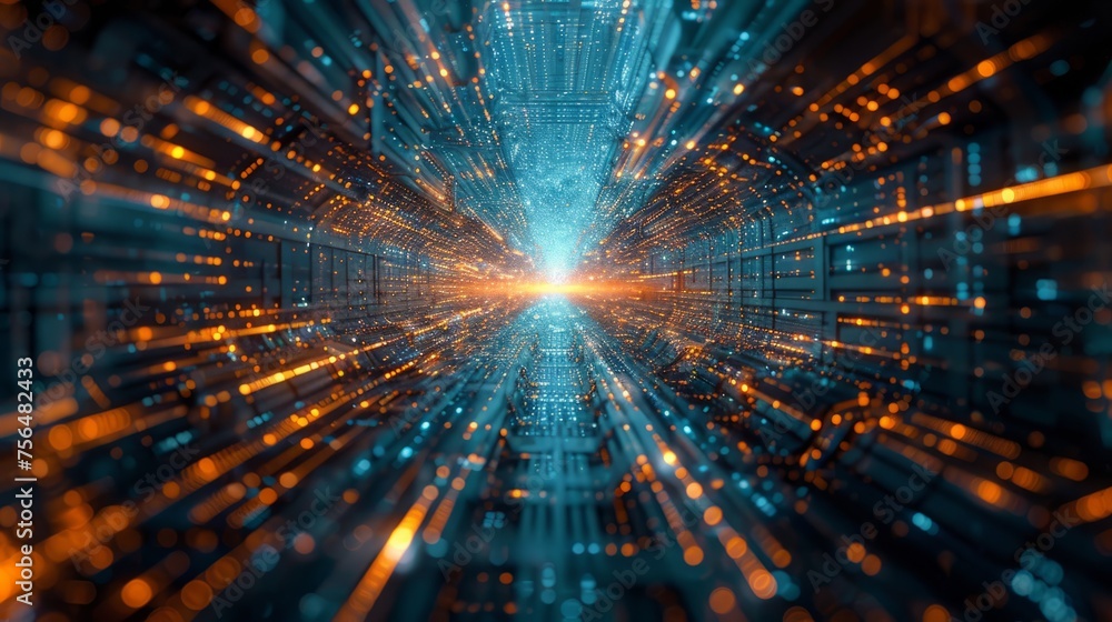 Poster digital landscape of microscopic technology, infinite binary sequences, azure sci-fi ambiance