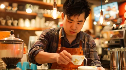 Crédence de cuisine en verre imprimé Magasin de musique Focused Asian barista making coffee in a coffee shop
