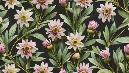 Fototapeten dark seamless pattern with flowers applicable for fabric print textile wrapping paper wallpaper botanical background with plants vintage classic style repeatable texture © Francesco