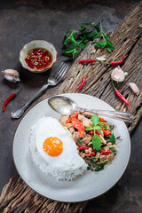 Stir fried Thai basil with minced pork and a fried egg