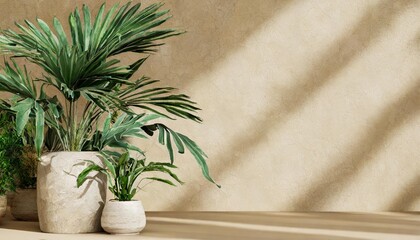 minimal interior template beige wall background mockup with outdoor plant copy space 3d rendering illustration clipping path included