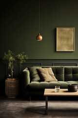 Dark green living room interior with a vertical picture on the wall with molding, pendant lamp, and flower in vase on the round table, sofa, and coffee table.