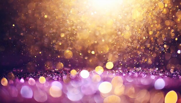 magic background with golden bokeh with colorful purple pink yellow frame from golden shiny splashes drops