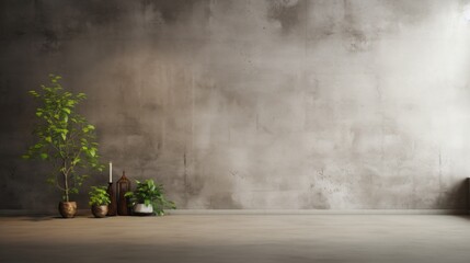 Minimalistic Interior Design. A cement Concrete Grey Grunge Wall and green indoor plants on the...