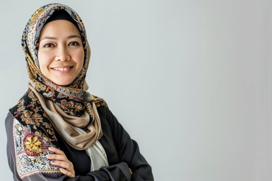 Young asian muslim woman in head scarf smile with arms crossed, copy space - generative ai