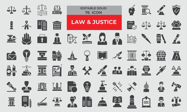 Set of 76 Solid Icons related Law and Justice. Editable icon contains such icons as Agreement, Attorney, Constitution, Courtroom, Equality, Fingerprint, Government, Insurance, Judge, Jury, Legal Syste