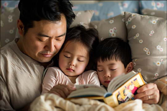 photo: Asian father reading a story book to his children, 4 year old daughter and 5 year old son sleeping on the same bed, moment of happiness for Asian family.