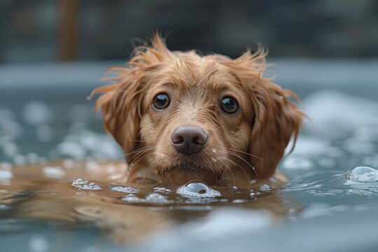 Close-up of an endearing dog swimming, with water glistening on its fur while looking intently
