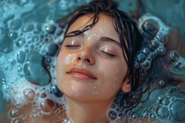 Young woman bathing, her face partially submerged with iridescent bubbles around