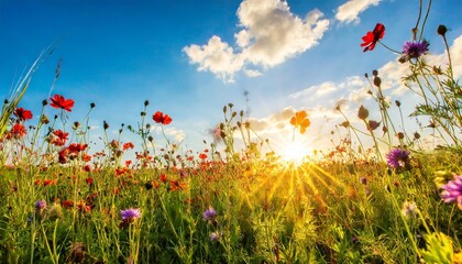 beautiful meadow with wild flowers over sunset sky beauty nature field background with sun flare bokeh silhouettes of wild grass and flower sunny summer or autumn nature backdrop