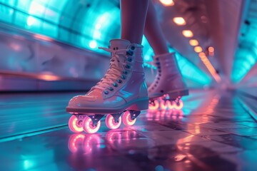 Neon lights reflect off modern rollerblades as a skater glides through a sleek, illuminated tunnel - obrazy, fototapety, plakaty