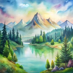 Landscape with lake and mountains. Executed in watercolor medium.