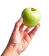 A man's hand holding a fresh green apple isolated on a white background.
