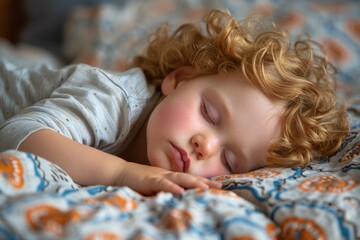 A young child is in a deep sleep, comfortably tucked into a bed with vibrant bedding, showing a tranquil moment