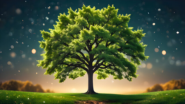 Conceptual image of green oak tree on meadow at night
