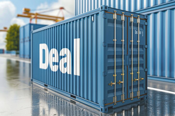 The word Deal on the side of a global shipping container. Business and trade concept