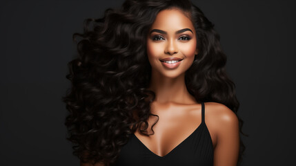 Fototapeta premium Portrait of a smiling woman with voluminous curly hair on a grey background.