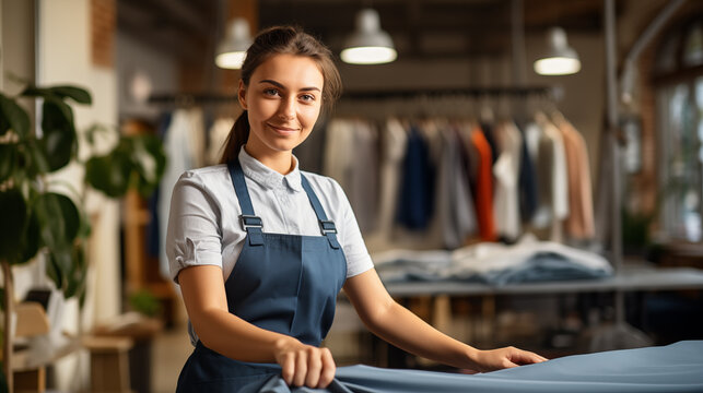 Confident young female works at fashion dry cleaning with fabric