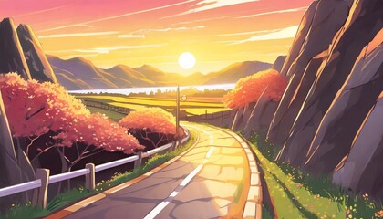 beautiful anime style illustration of a narrow road at golden hour