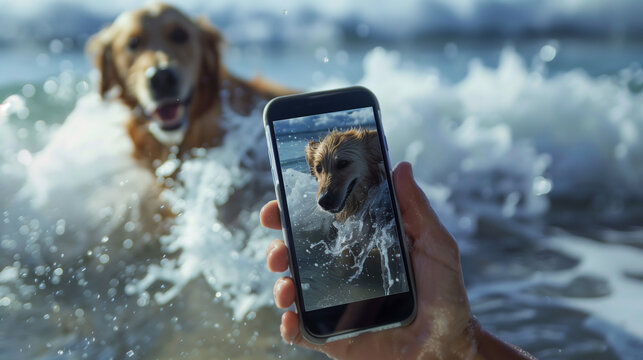 person takes a photo of a dog in the water with his smartphone.