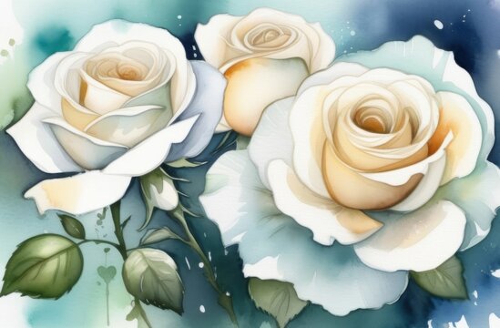 Large and beautiful flowers of white roses on a blue background. Watercolour.
