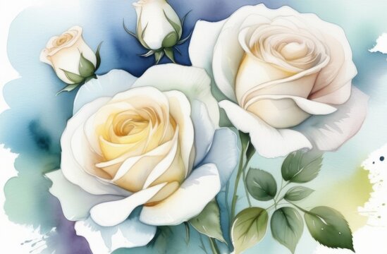 Beautiful flowers and buds of white roses on a colored cold background, painted in watercolor.