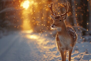 Majestic deer bathed in the amber light of a setting sun, amidst a sparkling winter landscape