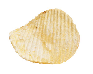 Close-up of a single ridged potato chip isolated on a white background, suggesting a concept of snacking or junk food.