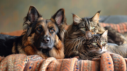 Long haired german shepherd dog and a cat. - obrazy, fototapety, plakaty