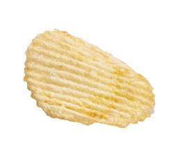 Close-up of a single ridged potato chip isolated on a white background.