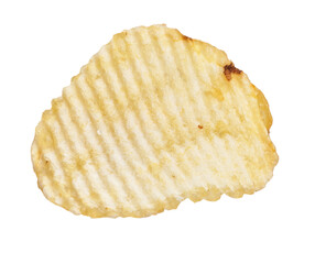 A single ridged potato chip isolated on a white background, emphasizing its golden texture and snack appeal.