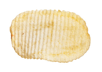 Closeup isolated image of a single, salted, crinkled potato chip against a white background.