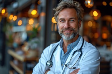 A smiling male surgeon with a stethoscope appears relaxed and friendly, sitting in a warmly lit cafe environment - obrazy, fototapety, plakaty