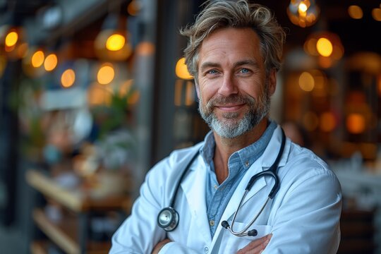 A smiling male surgeon with a stethoscope appears relaxed and friendly, sitting in a warmly lit cafe environment