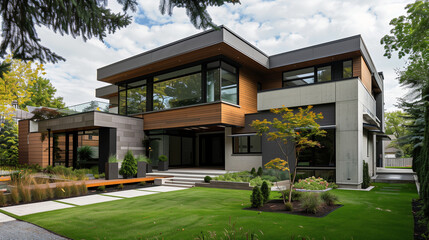 modern, two-story house with a well-maintained garden and lawn