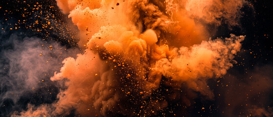 Powder charcoal black and orange smoke particles explosion background 