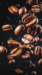 Banner flying coffee beans on a dark background