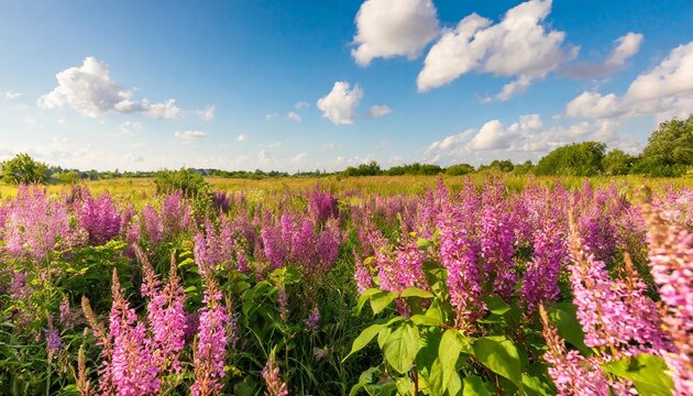 summer flower meadow wildflower field pink with morning sunlight idyllic spring background with blossoming lilac bushes flowers and pink wildflowers on meadow pink morning clouds on blue sky over