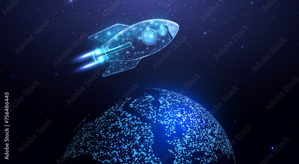 Aufkleber wireframe polygonal rocket with globe map. internet technology network, business startup concept wit